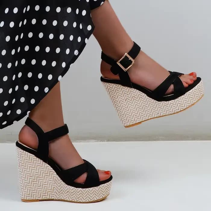 Sandales à talons compensés pour femmes, tongs de gladiateur à plateforme et talons hauts, chaussures de soirée tricotées noires et roses, grande taille 45, été 2026