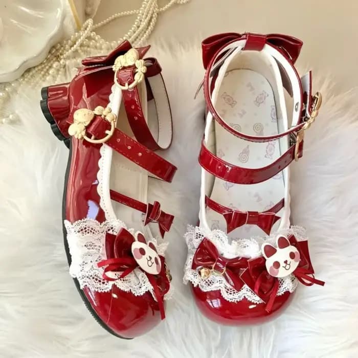 Jolies chaussures Lolita Mary Jane à talons avec nœuds lapin, dentelle et clochettes pour cosplay et goûters
