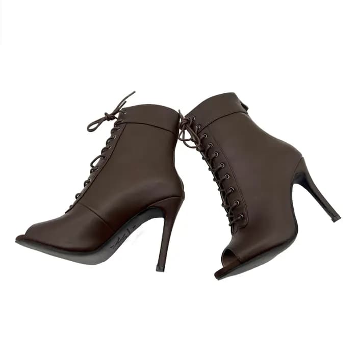 Bottines de jazz marron pour femme à talons fins, bout ouvert, à lacets, chaussures de danse à talons hauts, bottes de danse latine, chaussures de soirée sexy