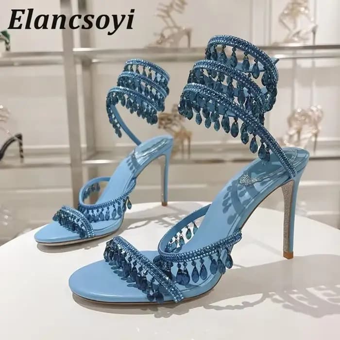Mode talons hauts sandales femmes cristal chaîne perle serpent en forme enroulement chaussures de mariage été