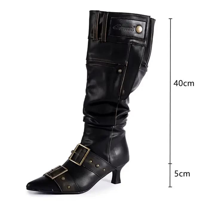 Bottes hautes en cuir verni pour femmes, chaussures à talons hauts, ceinture à bout pointu, strucMet