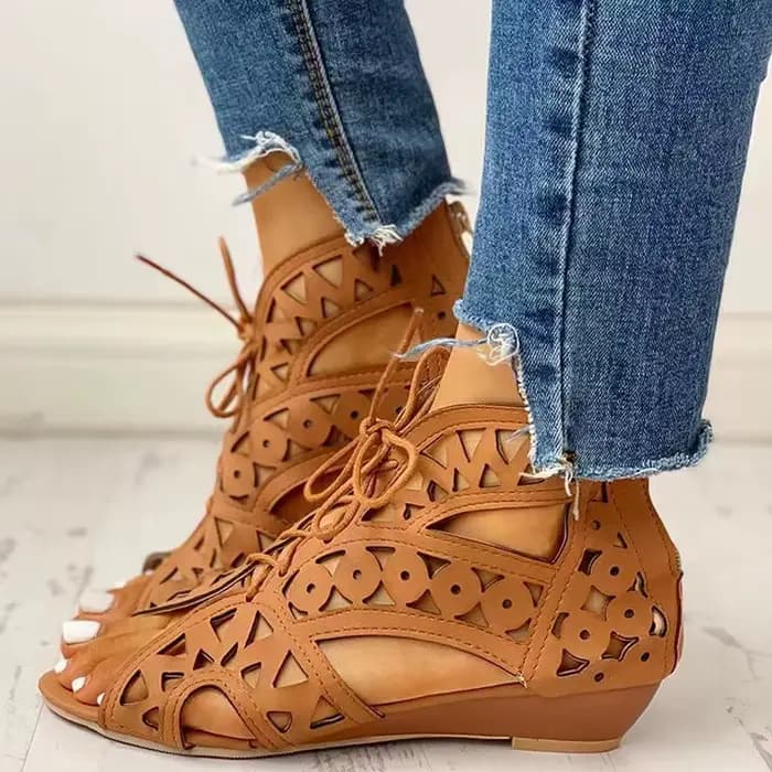 Sandales compensées pour femmes, chaussures d'été, à lacets, talons bas, plates, grande taille, déco