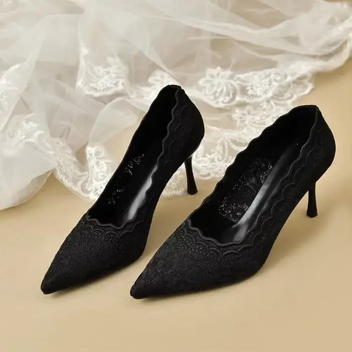 Chaussures simples en dentelle à bouche pointue, filet de gaze creuse, chaussures de mariage à talon