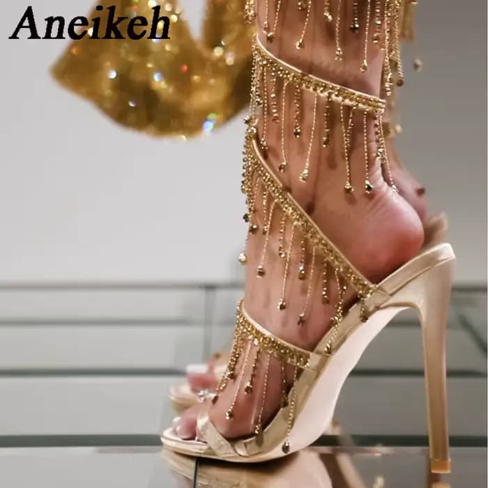 Aneikeh 2026 mode Sexy strass chaîne perle bride à la cheville talons hauts femmes été soie bout ron