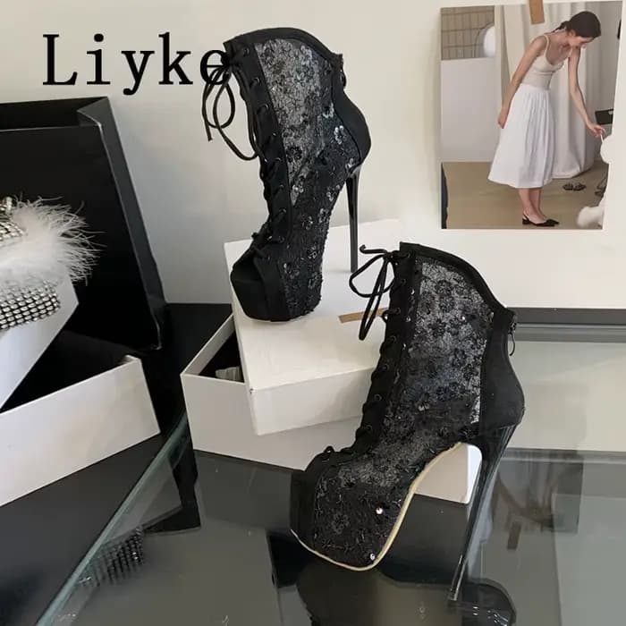 Liyke Sexy Peep Toe à lacets talons hauts plate-forme bottes pour femmes paillettes maille cheville
