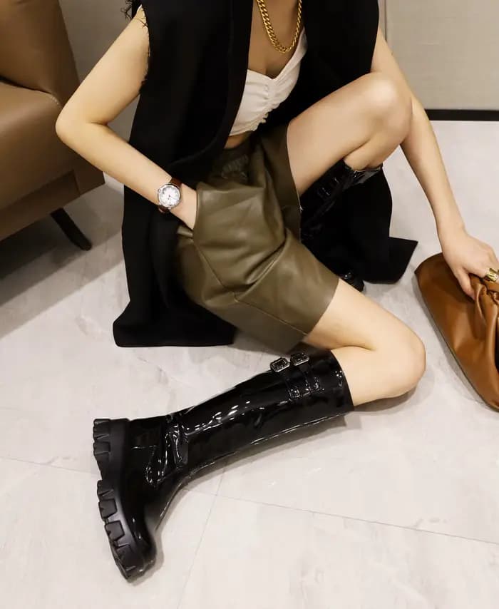 Bottes à Double boutonnage en cuir verni brillant pour femmes, longueur aux genoux, plateforme à fon