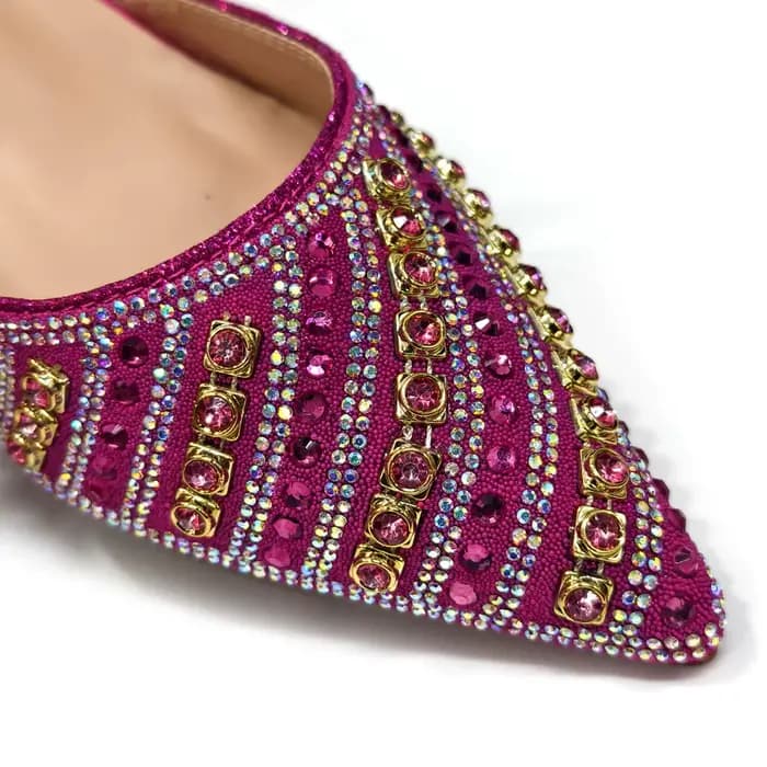 2025 brillant mode italienne bout pointu femmes talon mode strass décoration couleur Fuchsia chaussu