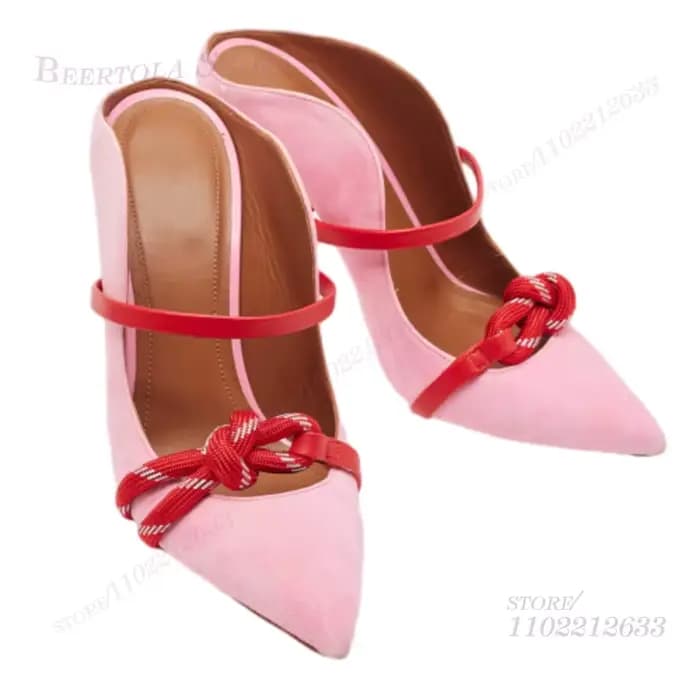 Rose rouge couture noué boucle sangle pantoufles Stiletto femmes pointu creux sandales été rouge tal