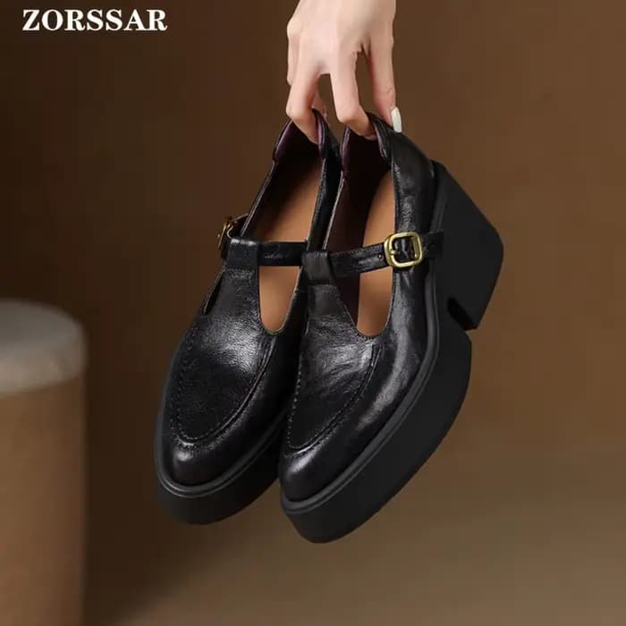 Escarpins à talons hauts et plateforme épaisse pour femmes, chaussures en cuir véritable à bout poin