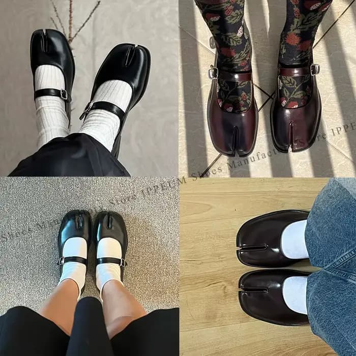 Chaussures Tabi IPPEUM, ballerines bordeaux à bout fendu, grandes tailles 44, mocassins en cuir marr