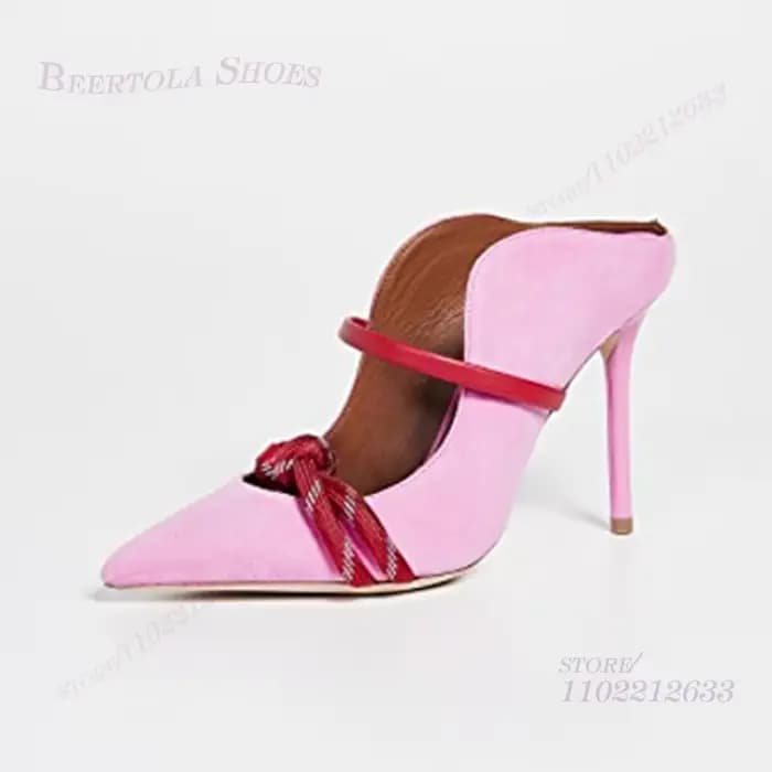 Rose rouge couture noué boucle sangle pantoufles Stiletto femmes pointu creux sandales été rouge tal