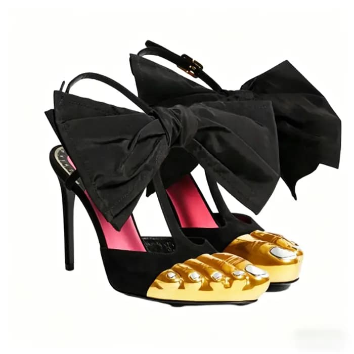 Sandales noires à lanières pour femmes, bout rond doré, talons à cinq doigts, en daim, avec bride cr