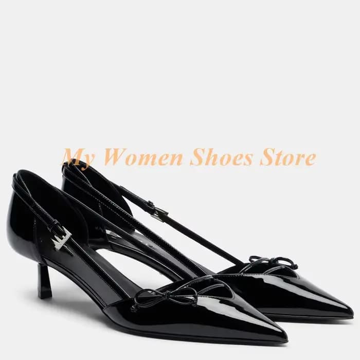 Escarpins à talon chaton avec nœud papillon, rouge et noir, sexy, à bout pointu, style défilé, été 2