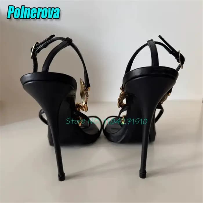 Cristal Scorpion décor t-strap sandales de luxe en cuir noir bout ouvert cheville boucle talons haut