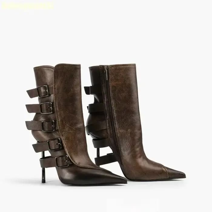 Bottines à talon aiguille et boucle pointue, couleur noire et marron assortie, style défilé, taille