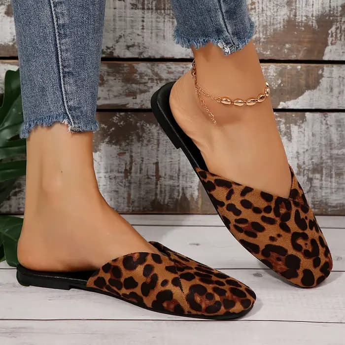Mules Sexy en daim léopard à bout carré, pantoufles à talons plats pour femmes, pantoufles d'extérie
