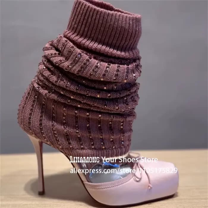 Bottines à talons aiguilles ornées de strass, style ballerine, en crêpe, à bout carré, multicolores,