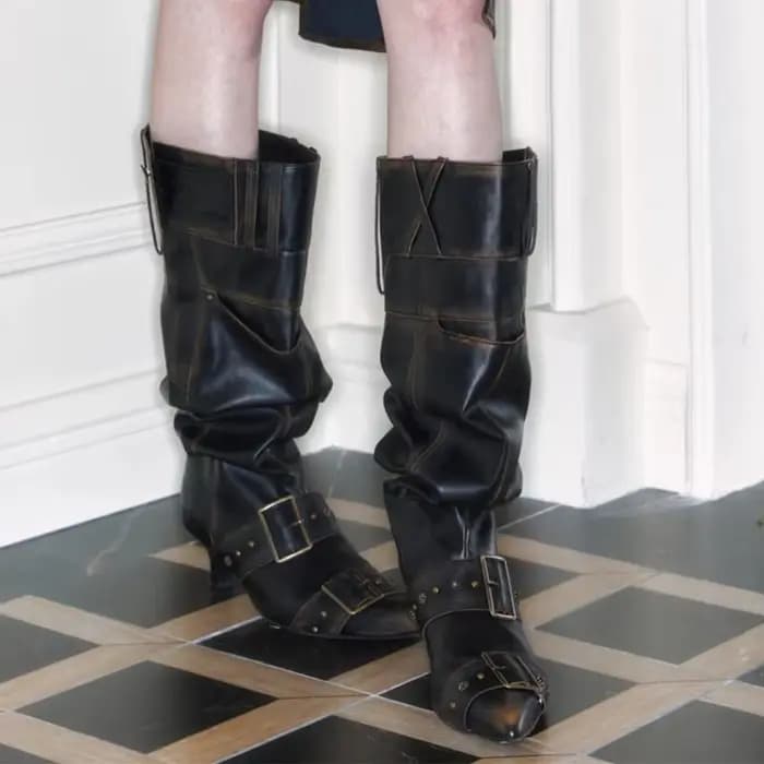 Bottes hautes en cuir verni pour femmes, chaussures à talons hauts, ceinture à bout pointu, strucMet
