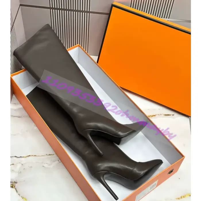Bottes hautes aux genoux pour femmes, couleur unie, bout pointu, talon aiguille, à enfiler, mode fêt