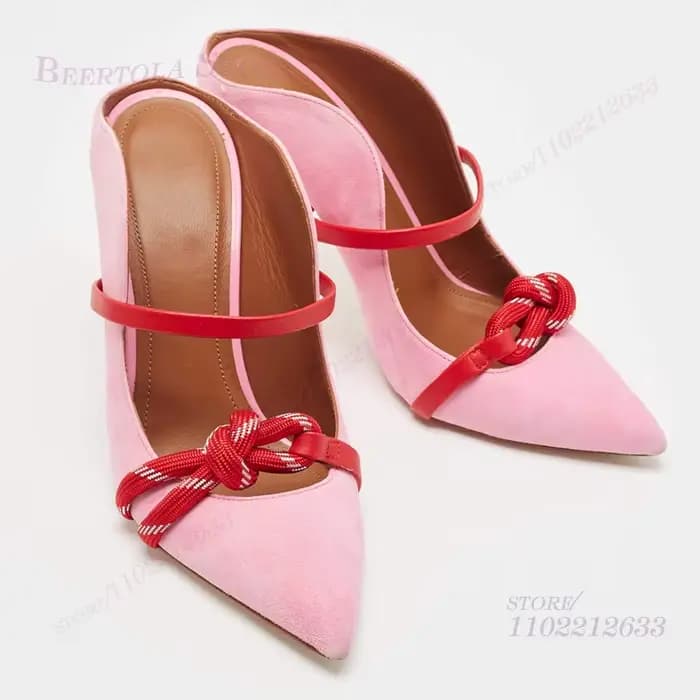 Rose rouge couture noué boucle sangle pantoufles Stiletto femmes pointu creux sandales été rouge tal