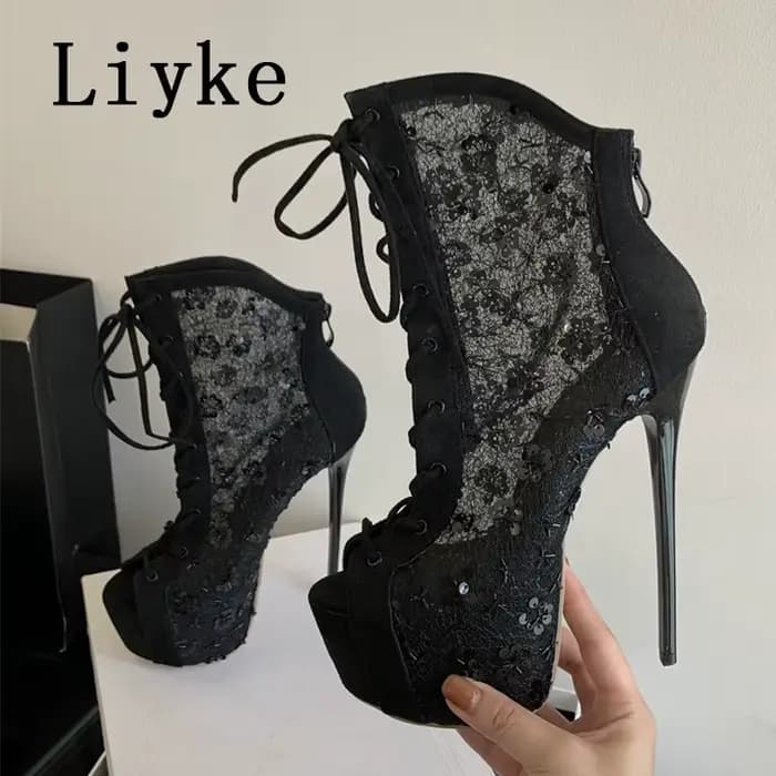 Liyke Sexy Peep Toe à lacets talons hauts plate-forme bottes pour femmes paillettes maille cheville