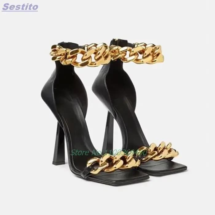 Sandales à talons aiguilles en métal avec chaîne épaisse, bout carré, fermeture éclair arrière, brid