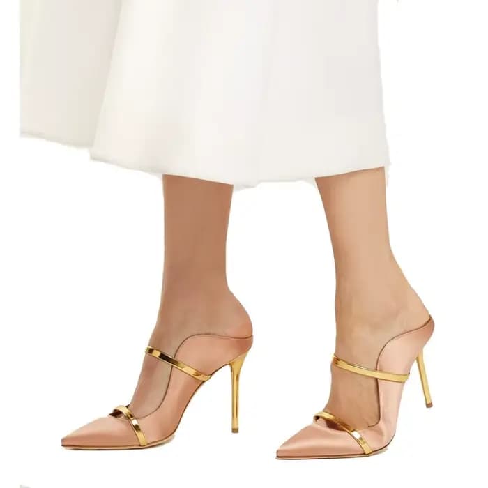 Mules à talons hauts et fins à bout pointu pour femmes, avec bride métallique, talon aiguille, en ve