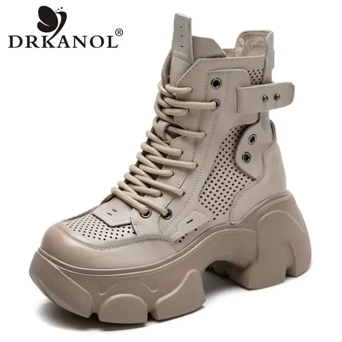 DRKANOL 2026 été Cool bottes femmes 100% en cuir véritable bout rond évider respirant épais talon ha