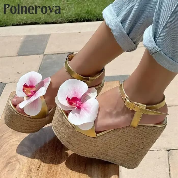 Espadrilles à fleurs pour femmes, sandales à l'offre elles compensées, pour la plage et les vacances