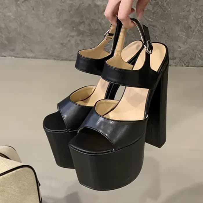 Liyke piste mode boucle sangle femmes Sexy 18CM sandales noir grosse plate-forme talons hauts fête C