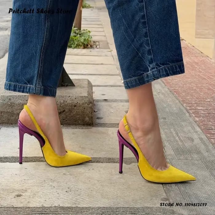 Escarpins Slingback Patchwork pour Femme, Élégants, à Bride Fine et Boucle, en Daim, à Talons Hauts,
