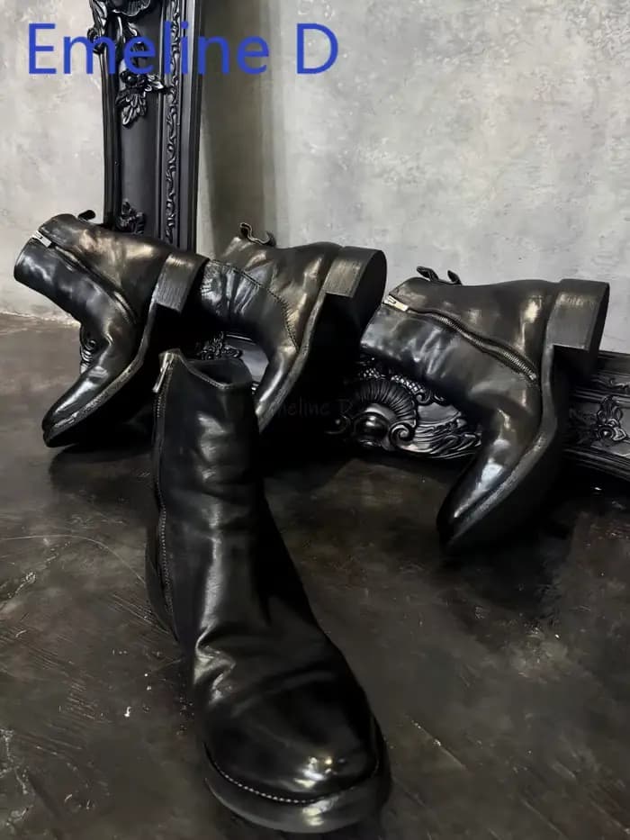 Bottes courtes plissées verticales avec fermeture éclair latérale, en cuir noir, Style minimaliste,
