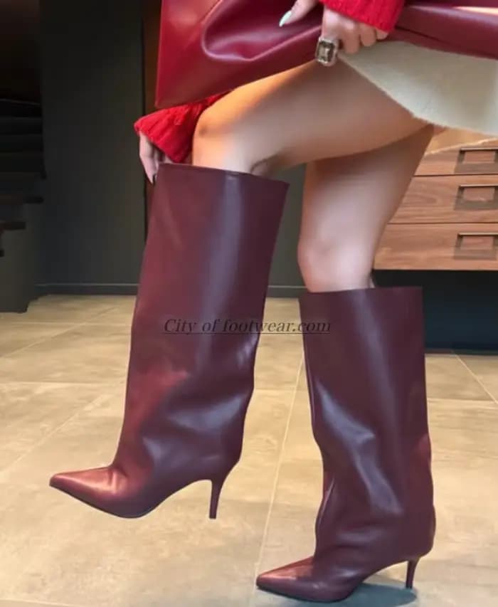 Bottes hautes en cuir marron/noir sexy pour femmes, à enfiler, imprimé fleurs bleues, bout pointu, t
