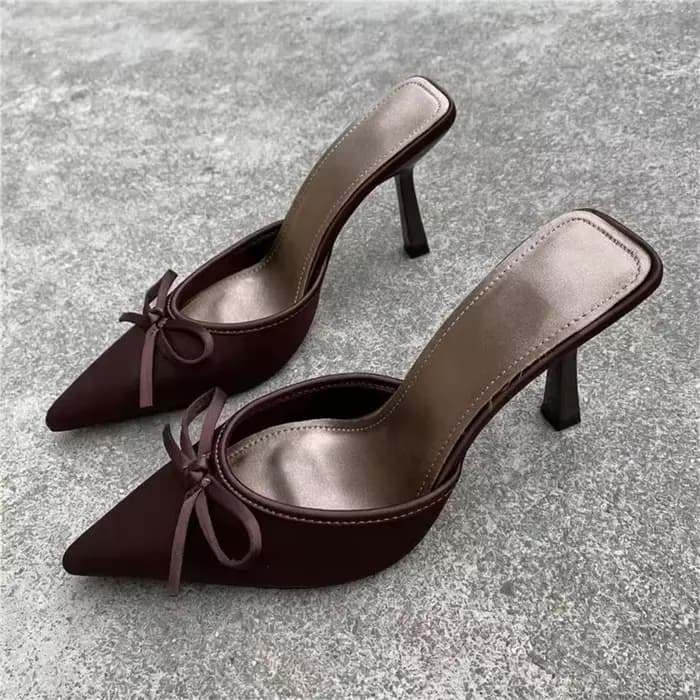 Mules d'été confortables et élégantes à bout pointu avec nœud papillon, talons hauts, en cuir souple