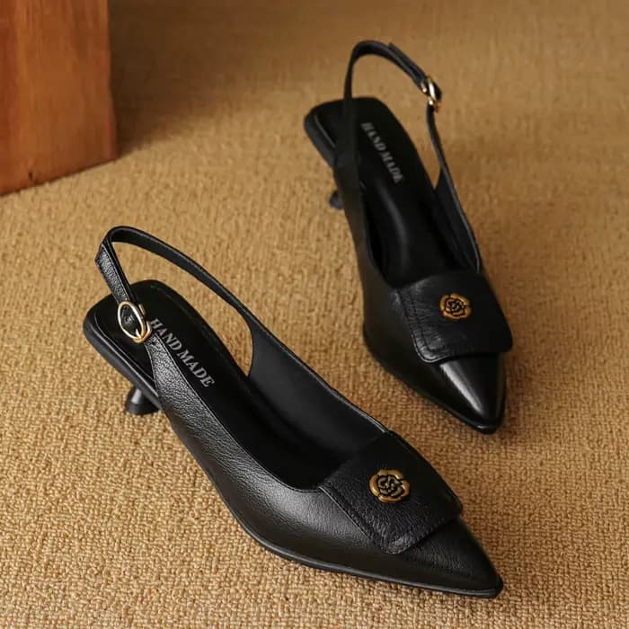 Escarpins à bride arrière en cuir véritable pour femmes, bout pointu, talon chaton, dames élégantes,