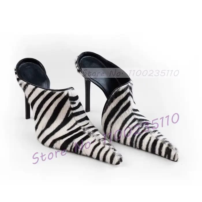 Mules à talons hauts pour femme, à bout super pointu, imprimé zèbre, découpées, rayées, en crin de c