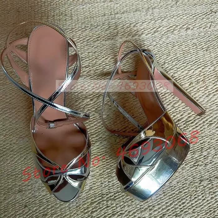 Sandales à plateforme en cuir miroir argenté et doré pour femmes, tendance, brillantes, en cage, bou