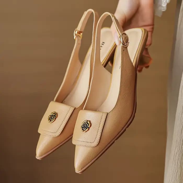 Escarpins à bride arrière en cuir véritable pour femmes, bout pointu, talon chaton, dames élégantes,