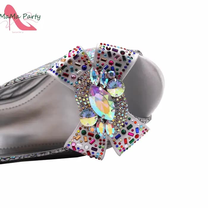 Chaussures en cristal brillant pour femmes africaines, avec des Appliques à talons mi-hauts, sac ass