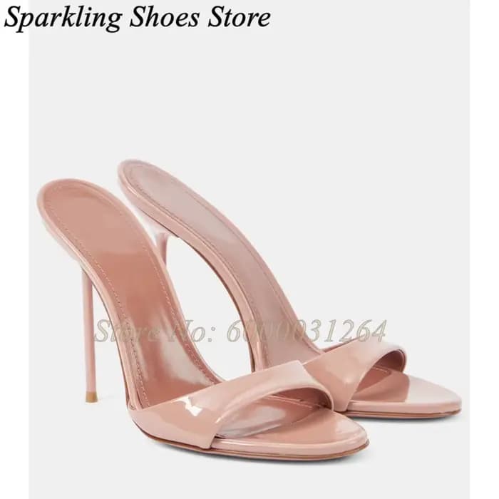 Sandales de luxe d'été en cuir métallisé brillant marron à talon aiguille, à enfiler, avec une seule
