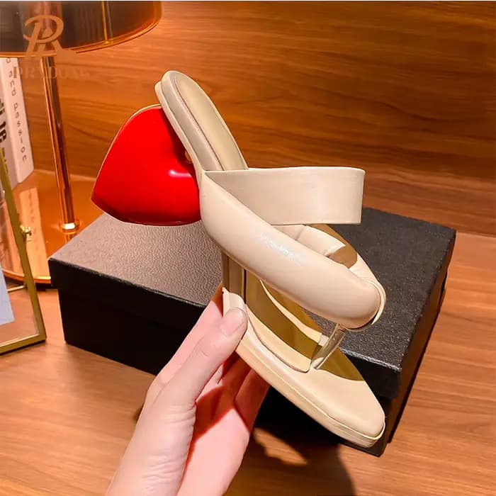 Tongs à talons hauts Style japonais, chaussures Sexy à bout ouvert, noir et blanc abricot, pantoufle