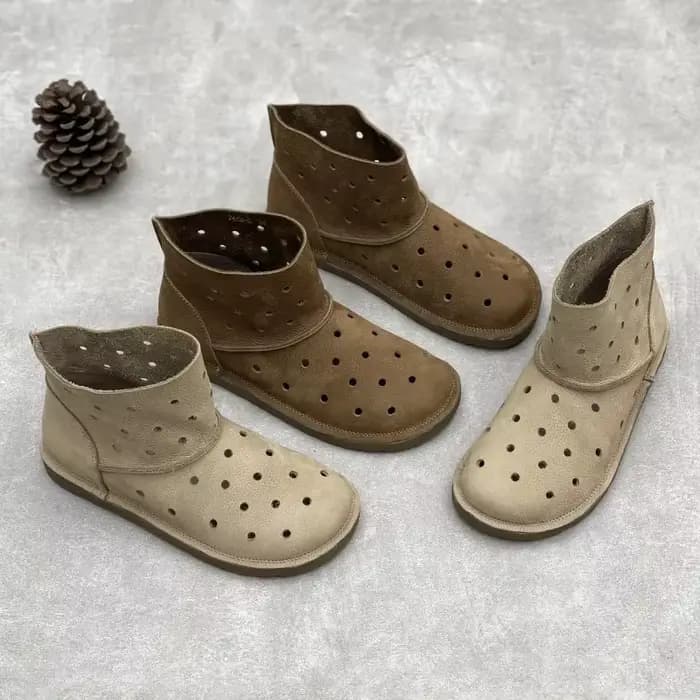 Careaymade-bottines en cuir véritable chaussures plates bout rond Slip-On évider bottes courtes de h