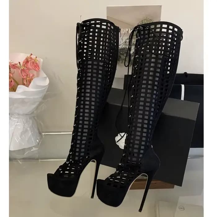 Eilyken Bottes d'été sexy à bout ouvert et ajourées pour femme, en maille, à lacets, à talons aiguil