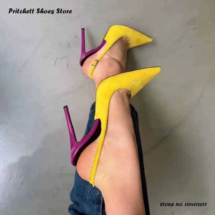 Escarpins Slingback Patchwork pour Femme, Élégants, à Bride Fine et Boucle, en Daim, à Talons Hauts,
