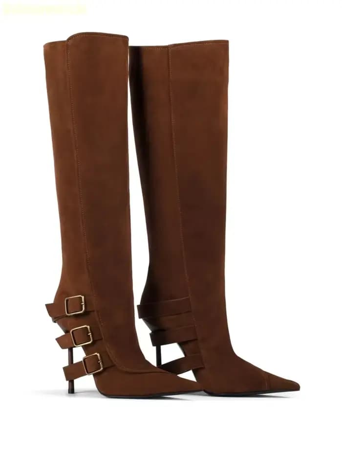 Bottines à talon aiguille et boucle pointue, couleur noire et marron assortie, style défilé, taille