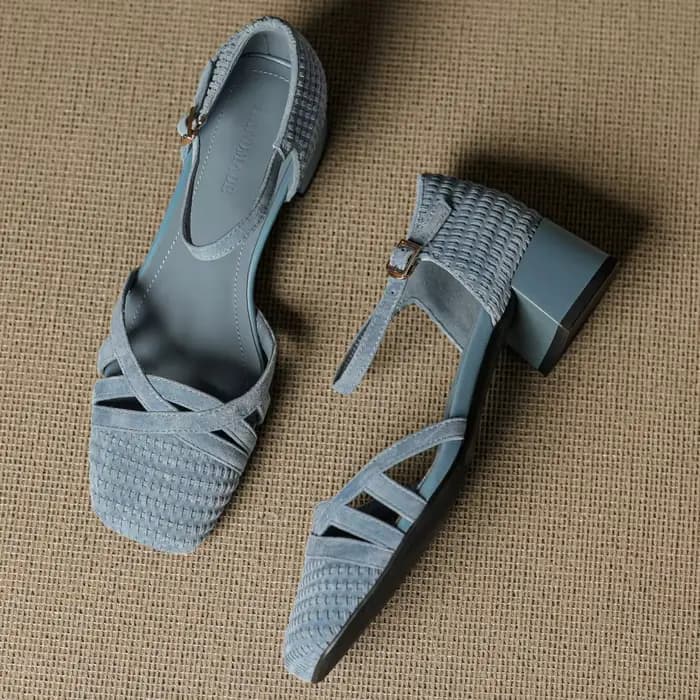 Danxuefei femmes daim naturel cuir bride à la cheville sandales bout carré 4 cm d'épaisseur med talo