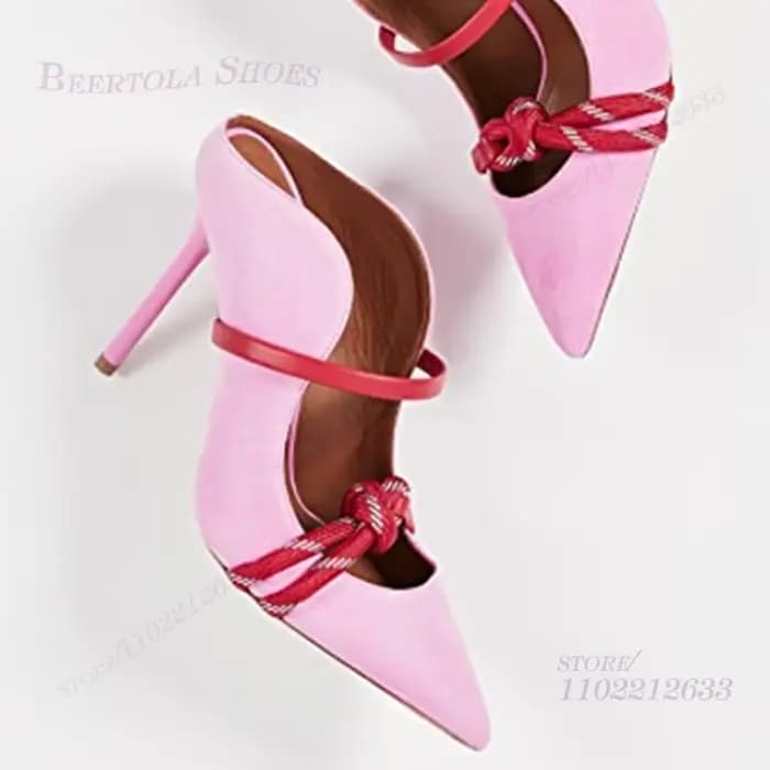 Rose rouge couture noué boucle sangle pantoufles Stiletto femmes pointu creux sandales été rouge tal