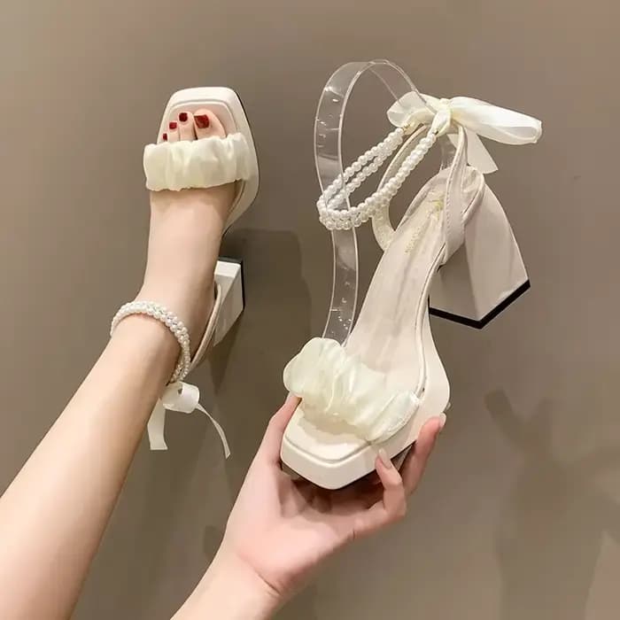 Escarpins avec nœuds élégants pour femmes, chaussures de soirée carrées, sandales en perles Parker,