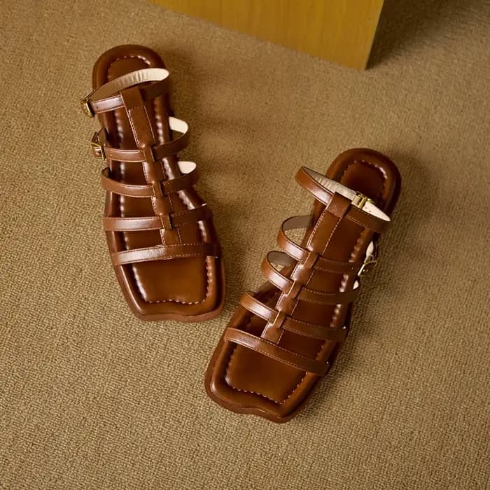 QUTAA 2025 femmes sandales chaussures Sexy bout rond fête en cuir talon bas été Slingback pantoufles