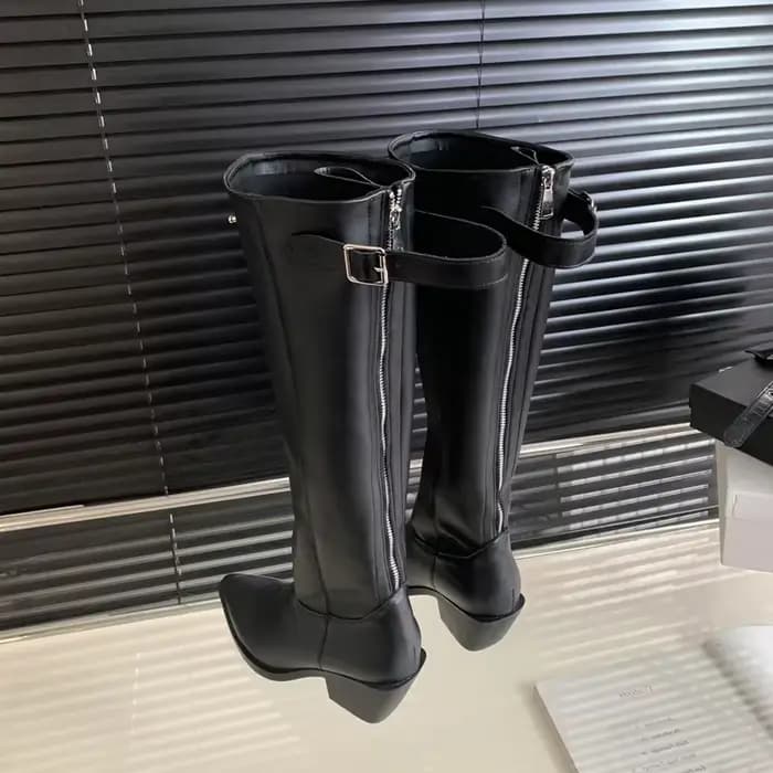 Eilyken-Bottes au genou pointues avec ceinture pour femme, bottes Parker avec fermeture éclair, talo